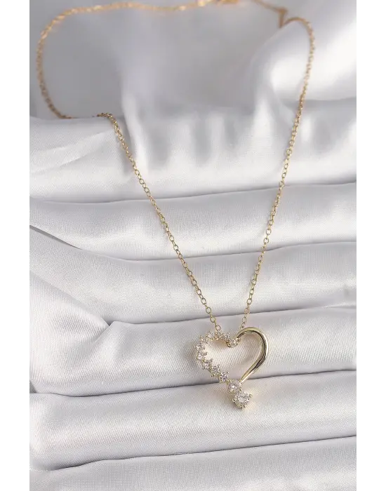  Altın  Zincir Zirkon Taşlı Kalp Model  Çelik Kolye