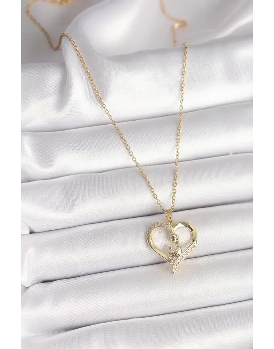  Altın  Zincir Zirkon Taşlı Kalp Model  Çelik Kolye