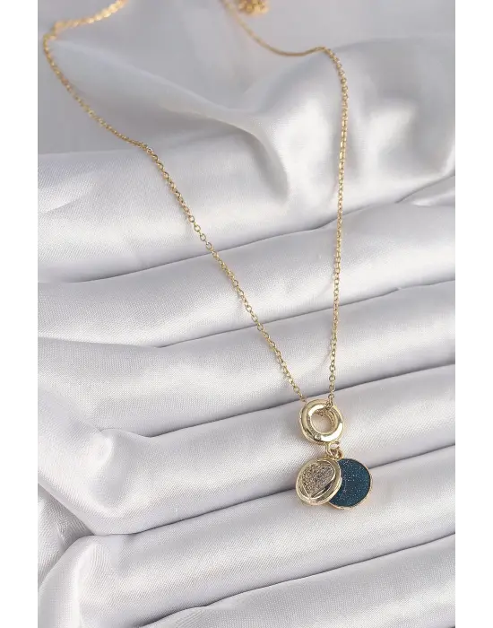  Altın  Zincir Zirkon Taşlı Kalp Model Mavi Simli  Çelik Kolye