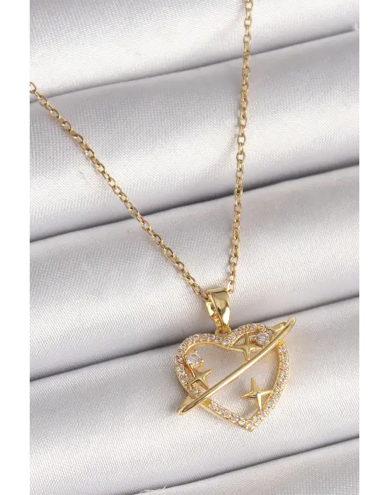 Altın  Zincir Zirkon Taşlı Kalp Model Yıldız Detay  Çelik Kolye