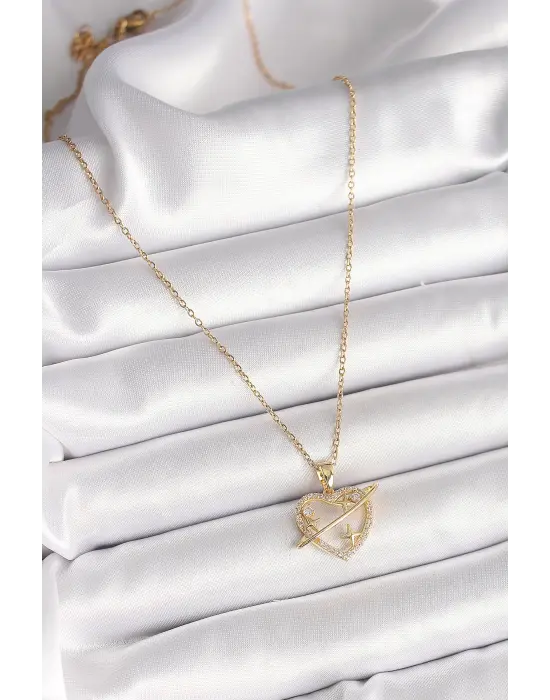  Altın  Zincir Zirkon Taşlı Kalp Model Yıldız Detay  Çelik Kolye