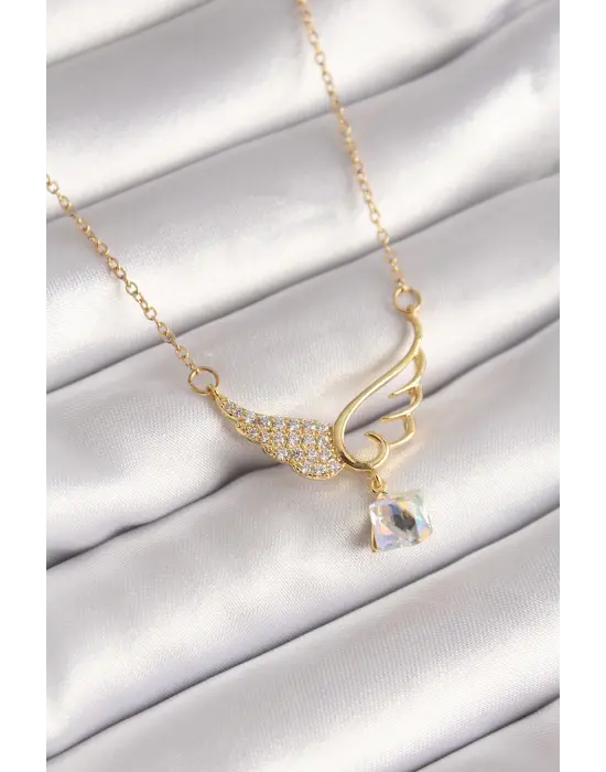  Altın  Zincir Zirkon Taşlı Kanat Model Sallantı Zirkon Taş Detay  Çelik Kolye