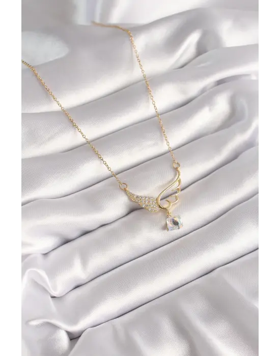  Altın  Zincir Zirkon Taşlı Kanat Model Sallantı Zirkon Taş Detay  Çelik Kolye