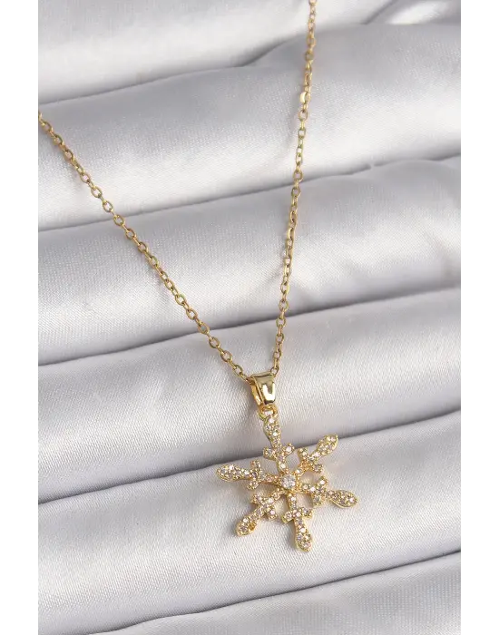 Altın Zincir Zirkon Taşlı Kar Tanesi Model Çelik Kolye
