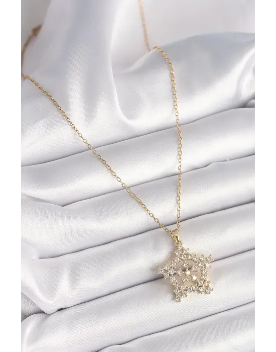 316L Çelik Gold Renk Zincir Zirkon Taşlı Kar Tanesi Model Kadın Kolye