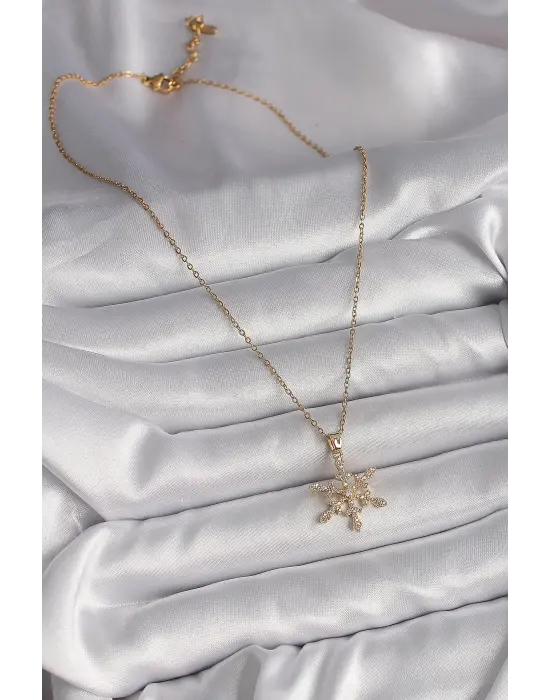 Altın Zincir Zirkon Taşlı Kar Tanesi Model Çelik Kolye