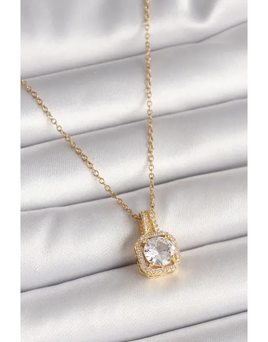 316L Çelik Gold Renk Zincir Zirkon Taşlı Kare Model Kadın Kolye