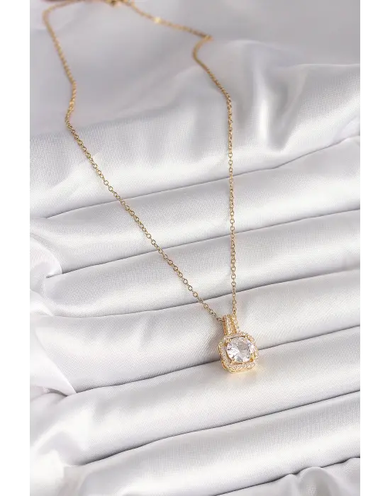 316L Çelik Gold Renk Zincir Zirkon Taşlı Kare Model Kadın Kolye