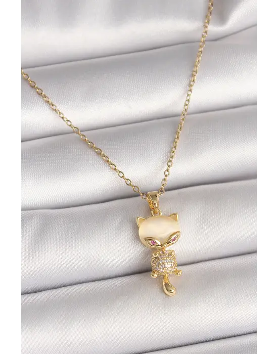 316L Çelik Gold Renk Zincir Zirkon Taşlı Kedi Model Kadın Kolye