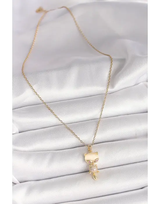 316L Çelik Gold Renk Zincir Zirkon Taşlı Kedi Model Kadın Kolye