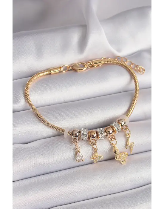 316L Çelik Gold Renk Zincir Zirkon Taşlı Kelebek Model Charm Bileklik