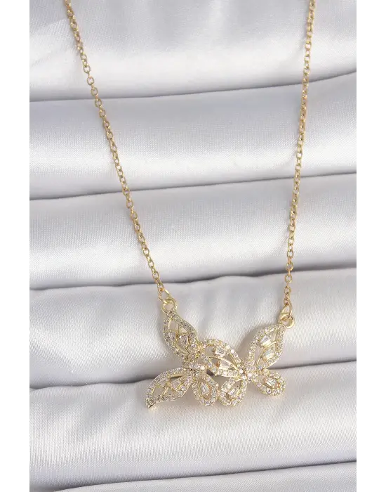 316L Çelik Gold Renk Zincir Zirkon Taşlı Kelebek Model Kadın Kolye