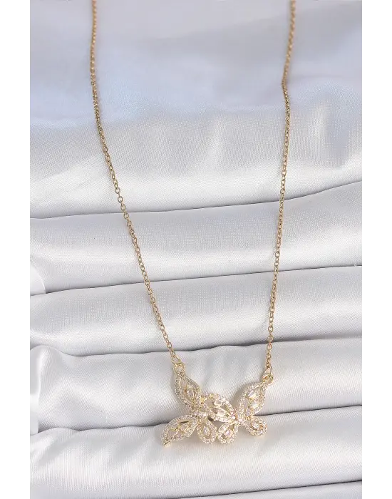 316L Çelik Gold Renk Zincir Zirkon Taşlı Kelebek Model Kadın Kolye