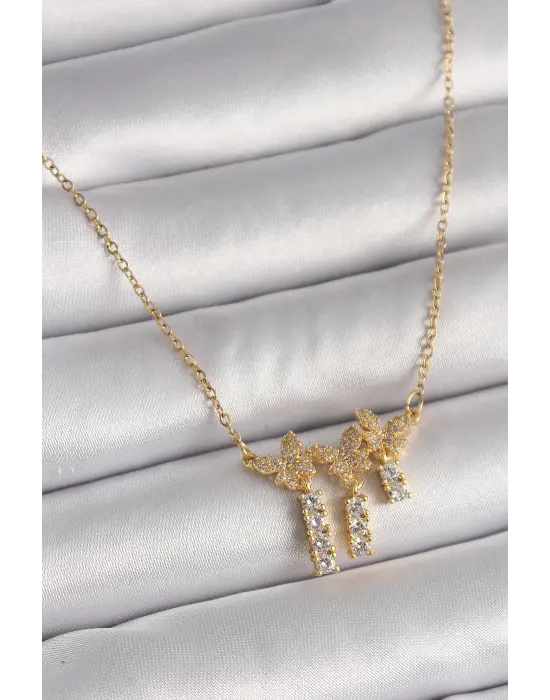  Altın  Zincir Zirkon Taşlı Kelebek Model Sallantı Detay  Çelik Kolye