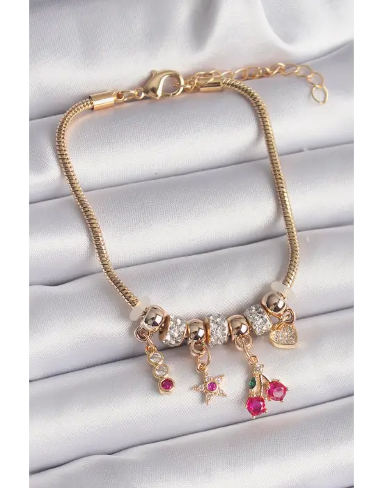 316L Çelik Gold Renk Zincir Zirkon Taşlı Kiraz Model Charm Bileklik