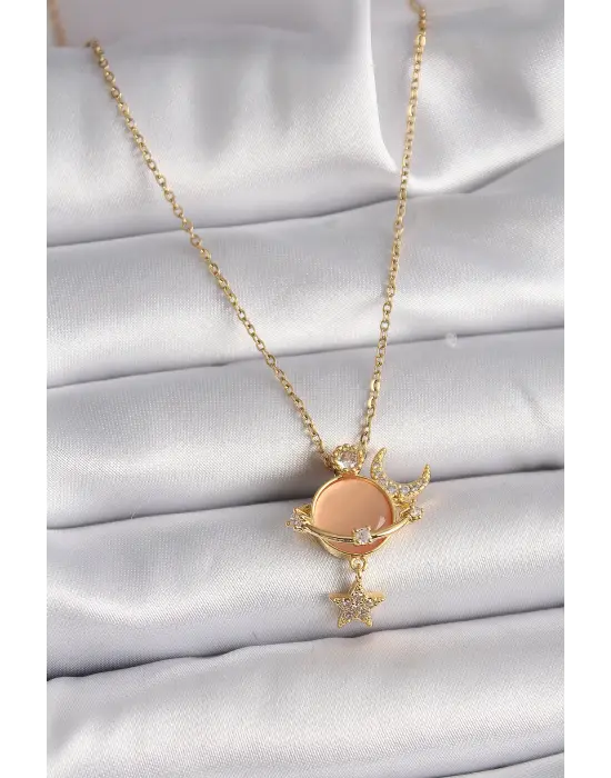  Altın  Zincir Zirkon Taşlı Krem  Mineli Gezegen Model  Çelik Kolye