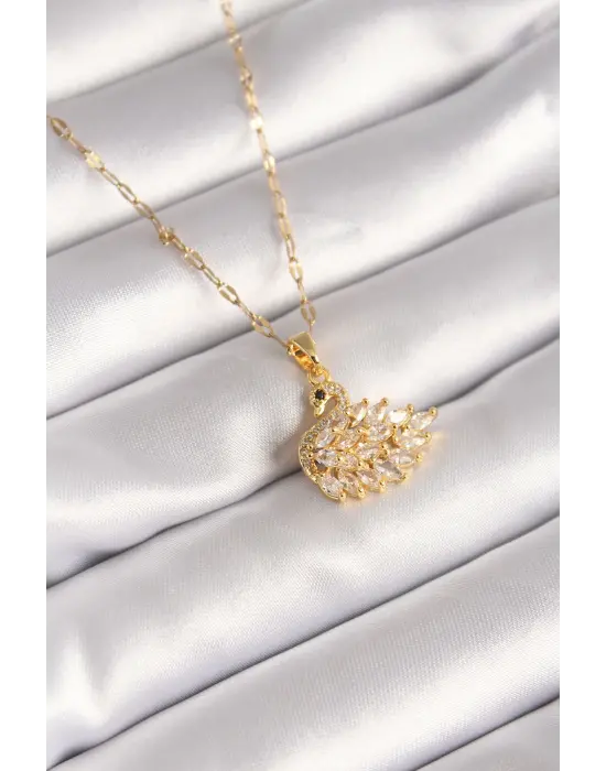  Altın  Zincir Zirkon Taşlı Kuğu Model  Çelik Kolye