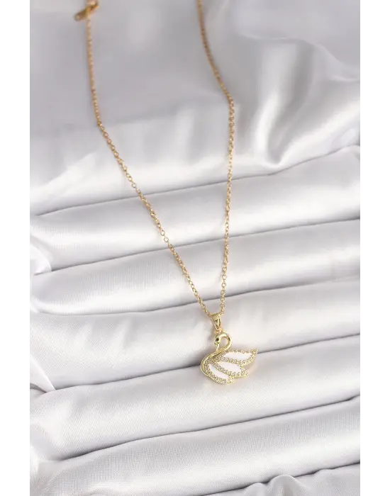 316L Çelik Gold Renk Zincir Zirkon Taşlı Kuğu Model Kadın Kolye