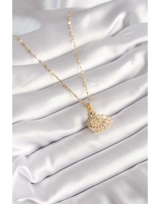  Altın  Zincir Zirkon Taşlı Kuğu Model  Çelik Kolye