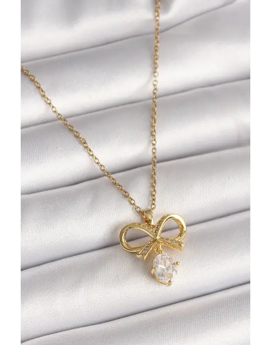 316L Çelik Gold Renk Zincir Zirkon Taşlı Kurdele Model Kadın Kolye