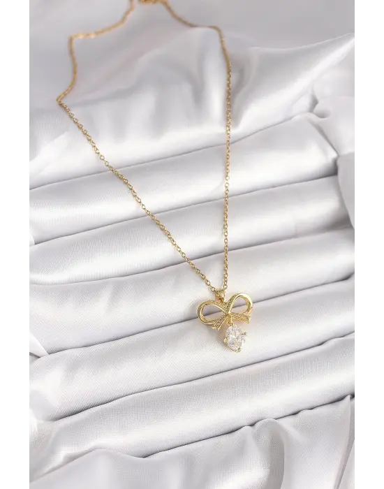 316L Çelik Gold Renk Zincir Zirkon Taşlı Kurdele Model Kadın Kolye