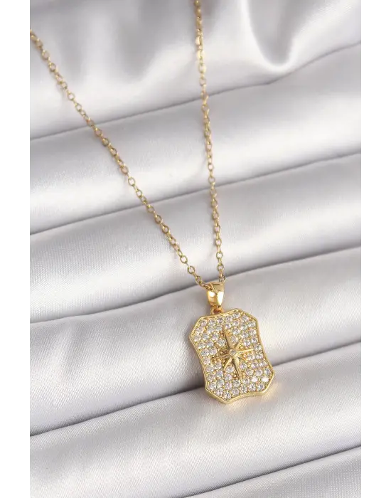 316L Çelik Gold Renk Zincir Zirkon Taşlı Kutup Yıldız İşlemeli Madalyon Model Kadın Kolye