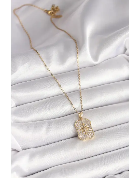 316L Çelik Gold Renk Zincir Zirkon Taşlı Kutup Yıldız İşlemeli Madalyon Model Kadın Kolye