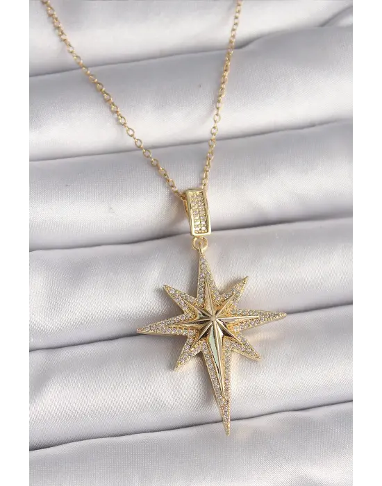  Altın  Zincir Zirkon Taşlı Kutup Yıldız Model  Çelik Kolye
