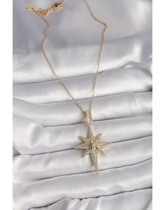  Altın  Zincir Zirkon Taşlı Kutup Yıldız Model  Çelik Kolye