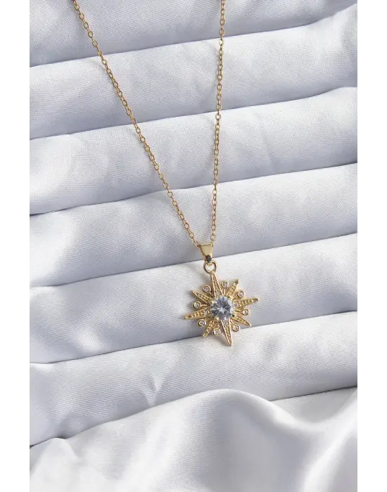  Altın  Zincir Zirkon Taşlı Kutup Yıldızı Figür  Çelik Kolye