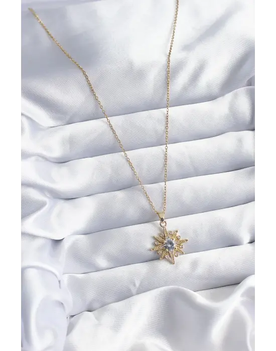  Altın  Zincir Zirkon Taşlı Kutup Yıldızı Figür  Çelik Kolye