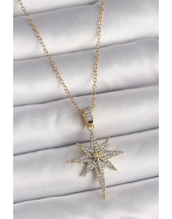 Altın  Zincir Zirkon Taşlı Kutup Yıldızı Model  Çelik Kolye