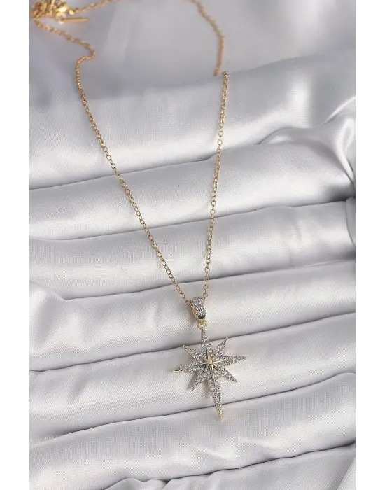  Altın  Zincir Zirkon Taşlı Kutup Yıldızı Model  Çelik Kolye