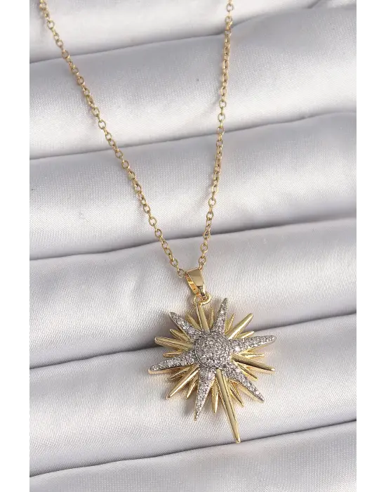  Altın  Zincir Zirkon Taşlı Kuzey Yıldızı Model  Çelik Kolye