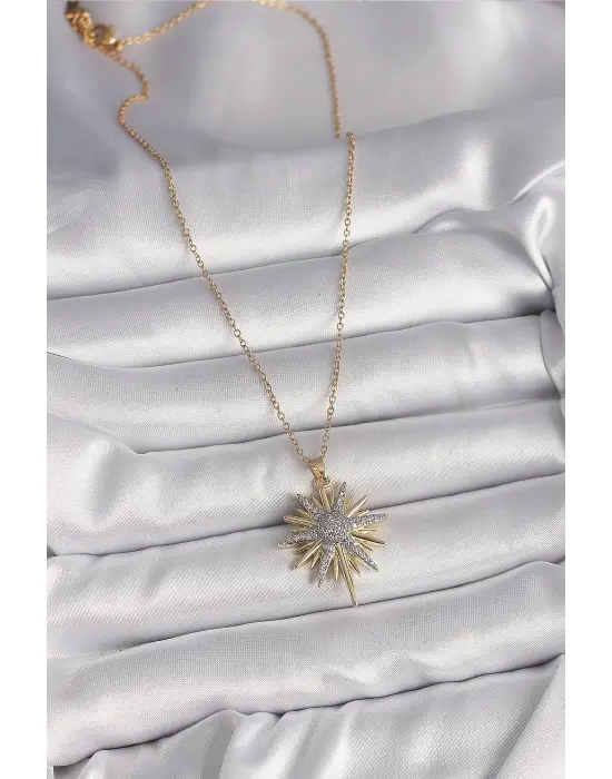  Altın  Zincir Zirkon Taşlı Kuzey Yıldızı Model  Çelik Kolye