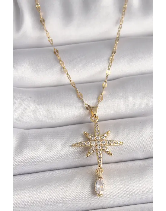  Altın  Zincir Zirkon Taşlı Kuzey Yıldızı Sallantı Taş Detay  Çelik Kolye
