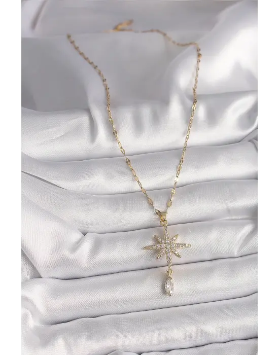  Altın  Zincir Zirkon Taşlı Kuzey Yıldızı Sallantı Taş Detay  Çelik Kolye