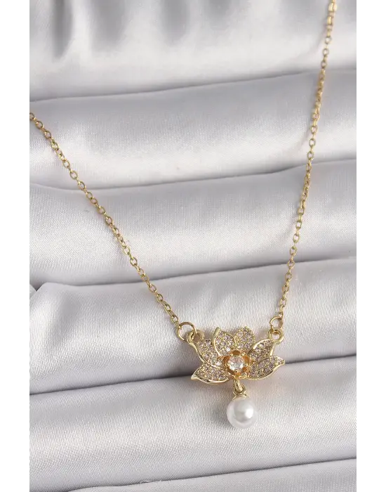  Altın  Zincir Zirkon Taşlı Lotus Çiçeği Figür Sallantı İnci Detay  Çelik Kolye