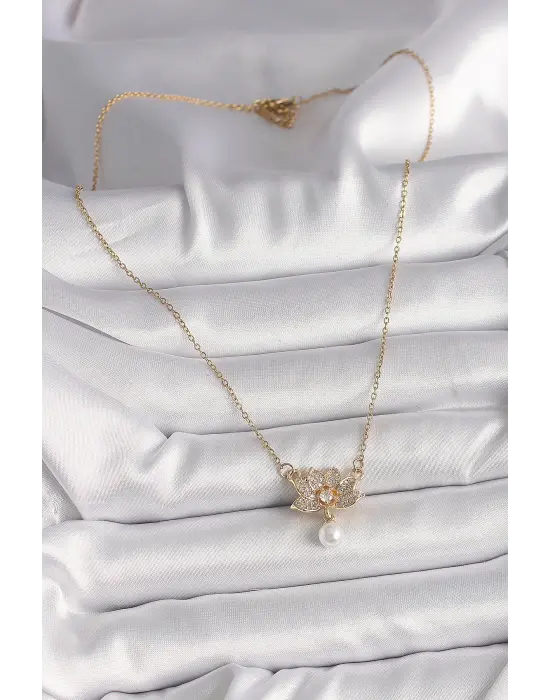  Altın  Zincir Zirkon Taşlı Lotus Çiçeği Figür Sallantı İnci Detay  Çelik Kolye