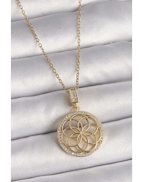  Altın  Zincir Zirkon Taşlı Lotus Model  Çelik Kolye