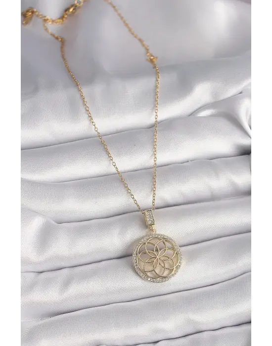  Altın  Zincir Zirkon Taşlı Lotus Model  Çelik Kolye