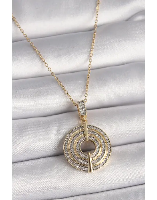  Altın  Zincir Zirkon Taşlı Madalyon Model  Çelik Kolye