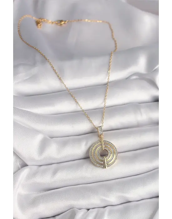  Altın  Zincir Zirkon Taşlı Madalyon Model  Çelik Kolye