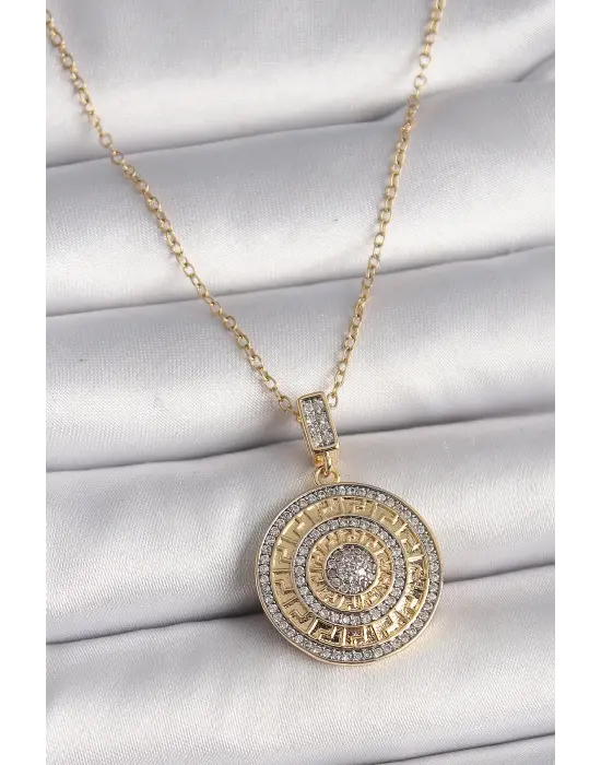  Altın  Zincir Zirkon Taşlı Madalyon Model Labirent İşleme  Çelik Kolye