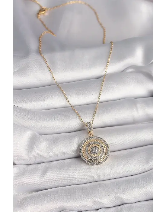  Altın  Zincir Zirkon Taşlı Madalyon Model Labirent İşleme  Çelik Kolye