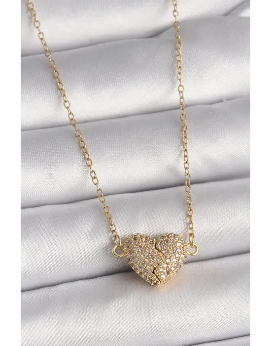  Altın  Zincir Zirkon Taşlı Mıknatıslı Kalp Model  Çelik Kolye