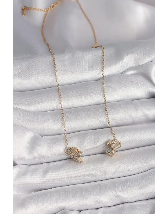  Altın  Zincir Zirkon Taşlı Mıknatıslı Kalp Model  Çelik Kolye