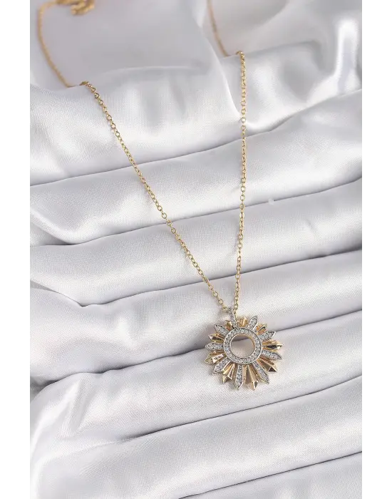  Altın  Zincir Zirkon Taşlı Mix  Güneş Model  Çelik Kolye