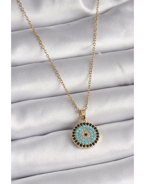  Altın  Zincir Zirkon Taşlı Nazar Boncuk Madalyon Model  Çelik Kolye