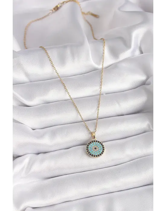  Altın  Zincir Zirkon Taşlı Nazar Boncuk Madalyon Model  Çelik Kolye